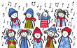 Choir, carol singers, stick figures in winter clothing singing a song