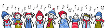Choir, Carol Singers, Stick Figures In Winter Clothing Singing Song, Banner