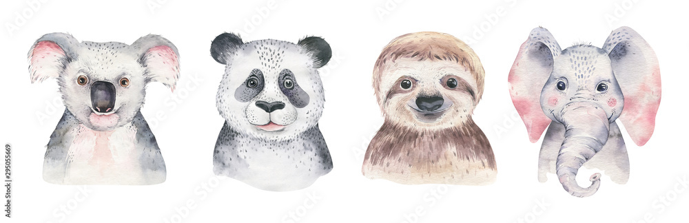 A poster with a baby panda, sloth, giraffe and koala. Watercolor cartoon elephant tropical animal illustration. Jungle exotic summer print. - obrazy, fototapety, plakaty 