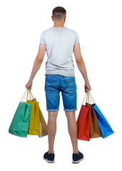 Poster - back view of man in shirt with shopping bags.