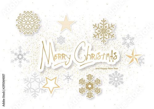 White Christmas Background with Golden Snowflakes and Stars and Silver Snowfl...