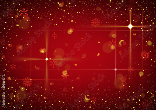 Red Abstract Christmas Background with Glitters and Snowflakes and Glittering...