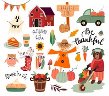 Thanksgiving Day Elements Collection With Autumnal Theme, Seasonal Elements