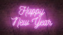 Happy New Year Bright Purple Pink Neon Sign On A Grunge Concrete Background