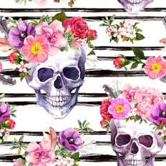 Wall Mural - Human skulls, flowers. Seamless pattern with black stripes. Watercolor