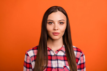 Poster - Close-up portrait of her she nice-looking attractive lovely winsome peaceful content straight-haired girl wearing checked shirt isolated over bright vivid shine vibrant orange color background