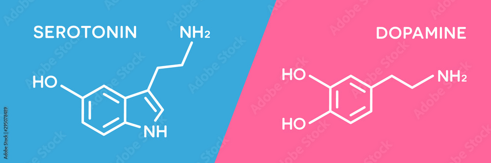 Serotonin and dopamine hormone symbols. Human body hormones molecular chemical formula. - obrazy, fototapety, plakaty 