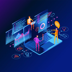 Wall Mural - update database statistics. workflow and business management. people interacting with graphs and pap