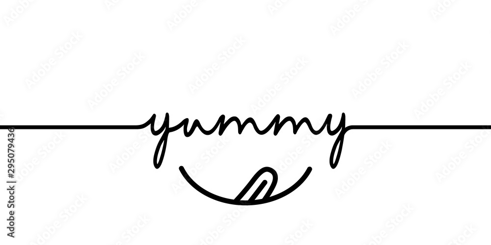Yummy - continuous one black line with word. Minimalistic drawing of phrase illustration - obrazy, fototapety, plakaty 