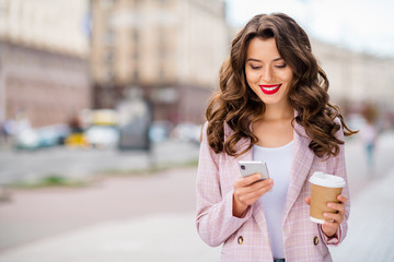 Poster - Portrait of her she nice-looking attractive charming winsome lovely cheerful cheery wavy-haired businesslady traveling using 5g app web service in town center outdoors