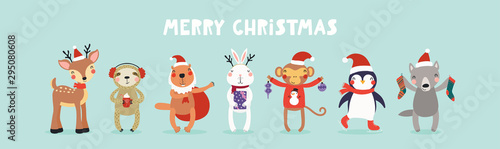 Hand drawn card with cute animals in Santa Claus hats, tree, gifts, ornaments...