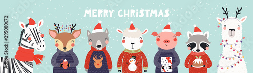 Hand drawn card, banner with cute animals in Santa Claus hats, sweaters, ligh...