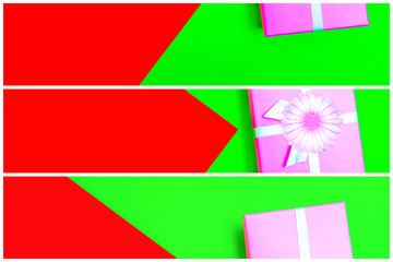 Sticker - gift box with ribbon on a colorful background. view from above. three sections.