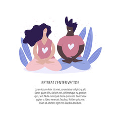 Sticker - Meditation flat vector banner template. Concentration and relaxation practicing illustration with text space. Female characters sitting in lotus pose cartoon character. Yoga group class poster design