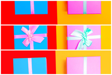 Sticker - gift box with ribbon on a colorful background. view from above. three sections.