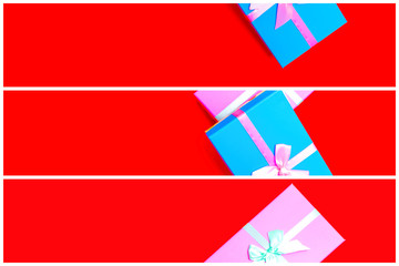 Sticker - gift box with ribbon on a colorful background. view from above. three sections.