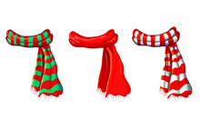 Winter Red Scarf Collection Isolated On White Background. Illustration Of Red, Green White Striped Scarves. Christmas Or Holiday Wool Muffler Icon Set - Winter Warming Clothes In Cartoon Style