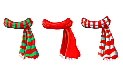 winter red scarf collection isolated on white background. illustration of red, green white striped scarves. christmas or holiday wool muffler icon set - winter warming clothes in cartoon style