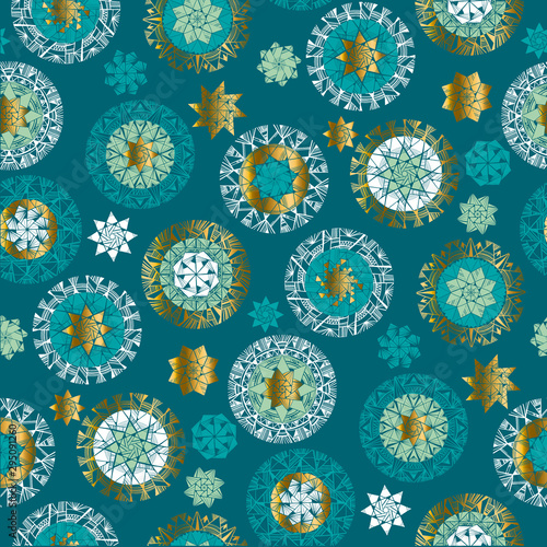 Emerald green and gold snowflakes seamless pattern