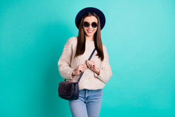 Poster - Portrait of lovely content girl have fun free time ready to walk wear white sweater isolated over teal turquoise color background