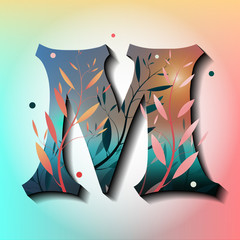 Letter M in golden autumn style. Tree with leaves. Golden sunset in mystic style. Flat vector