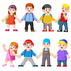 Wall Mural - kids holding hands going to school with schoolbag