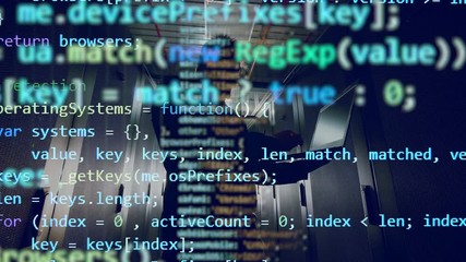 Wall Mural - display with codes is being shown above the technician with the laptop