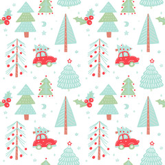 Hand drawn Christmas seamless pattern with christmas trees. Cute red retro car in Winter fir forest. Holiday background. Vector doodle illustration.