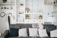 Home Decor - Bright Cosy Comfy White Living Room With Winter Decorations For Family Or Couple.