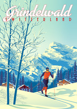 Grindelwald Travel Poster With With Skier Int The First Plan, Houses, Forest And Mountains In The Background