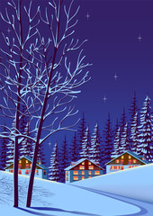 Wall Mural - Night winter landscape with alpine village and forest in the background