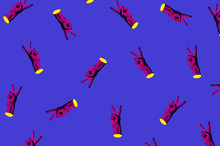 Contemporary Minimalistic Art Collage In Neon Bold Colors With Hands Showing Yo Sign. Surrealism Creative Wallpaper.