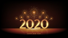Golden Happy New Year 2020 With Reflection And Yellow Fireworks Exploding In Dark Night Sky Background 