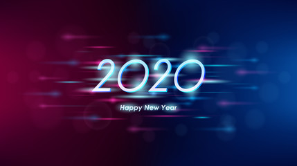 Wall Mural - Happy new year 2020 in abstract technology lines and glitter on red and blue color background