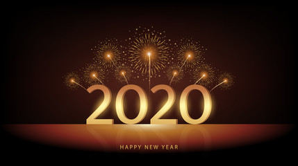Wall Mural - golden happy new year 2020 with reflection and yellow fireworks exploding in dark night sky background 