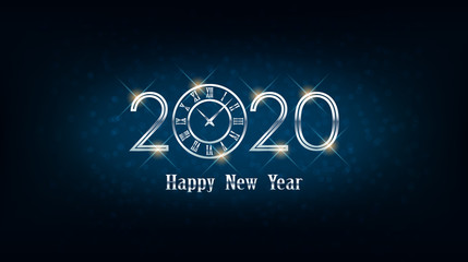 Wall Mural - Silver Happy new year 2020 and clock with abstract bokeh and lens flare pattern in vintage blue color background