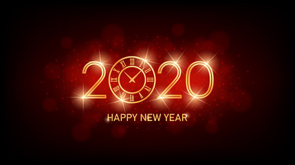 Wall Mural - Golden Happy New Year 2020 with clock and abstract lens flare pattern in vintage red color background