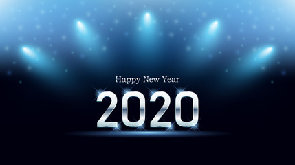 Wall Mural - Silver Happy new year 2020 and blue spot light with glitter on black color background