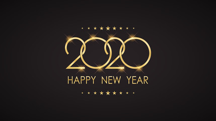 Wall Mural - Glowing Golden Happy New Year 2020 with star pattern on black color background