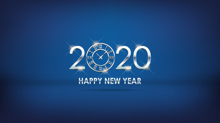 Wall Mural - Silver Happy New Year 2020 with clock face on studio luxury blue color background
