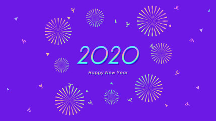 Wall Mural - happy new year 2020 with fireworks in flat icon design on violet color background