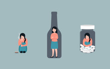 Bad Habits Set, Alcoholism, Pills Drug Addiction, Smoking, Vector Flat Cartoon Character Illustration. Isolated On Background.
