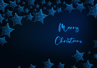 Wall Mural - Merry Christmas greeting card template with glowing stars and text on dark blue background.