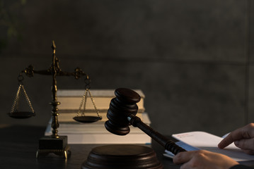 Poster - Law and Justice, judge gavel with scales on wooden table with blurred background.