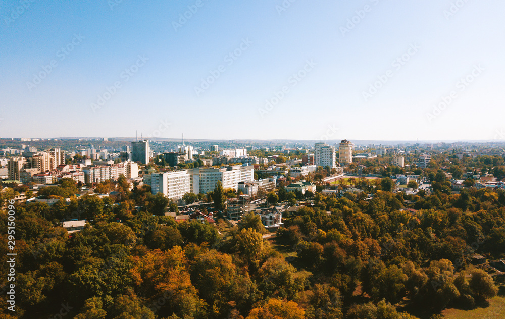Obraz na płótnie Drone photo of a town and fall trees from a park or forest. w salonie