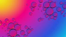 Water In Oil On Purple Yellow Orange Blue Marine Gradient Blurred Background. Abstract Oil Bubble Purple Background Concept Design. Organic Texture.