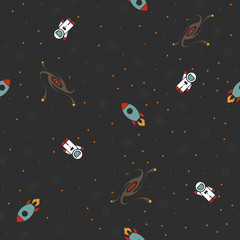 Wall Mural - space seamless pattern vector background. cute retro style design template with astronaut, rocket, b