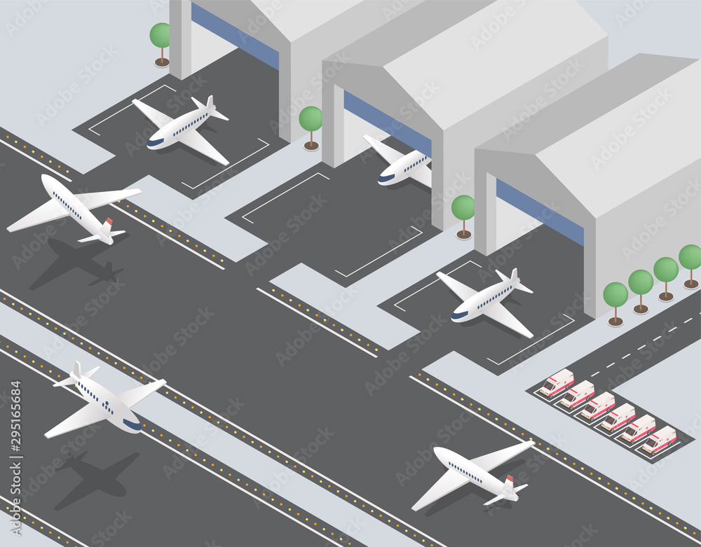 Departing, arriving planes isometric vector illustration. Civil ...