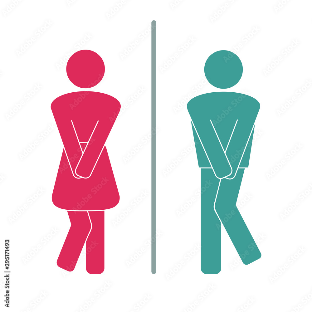 Funny wc door flat symbols. Girls and boys restroom, toilet couple signing,  desperate pee woman man wc icons, fun bathroom door signs, humor public  washroom silhouettes. Vector illustration. Stock Vector | Adobe, image size:1000x1000