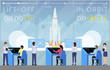 Spaceship launch countdown flat vector illustration. Ground control center workers, engineers team controlling launch cartoon characters. Rocket science, space exploration technology banner template